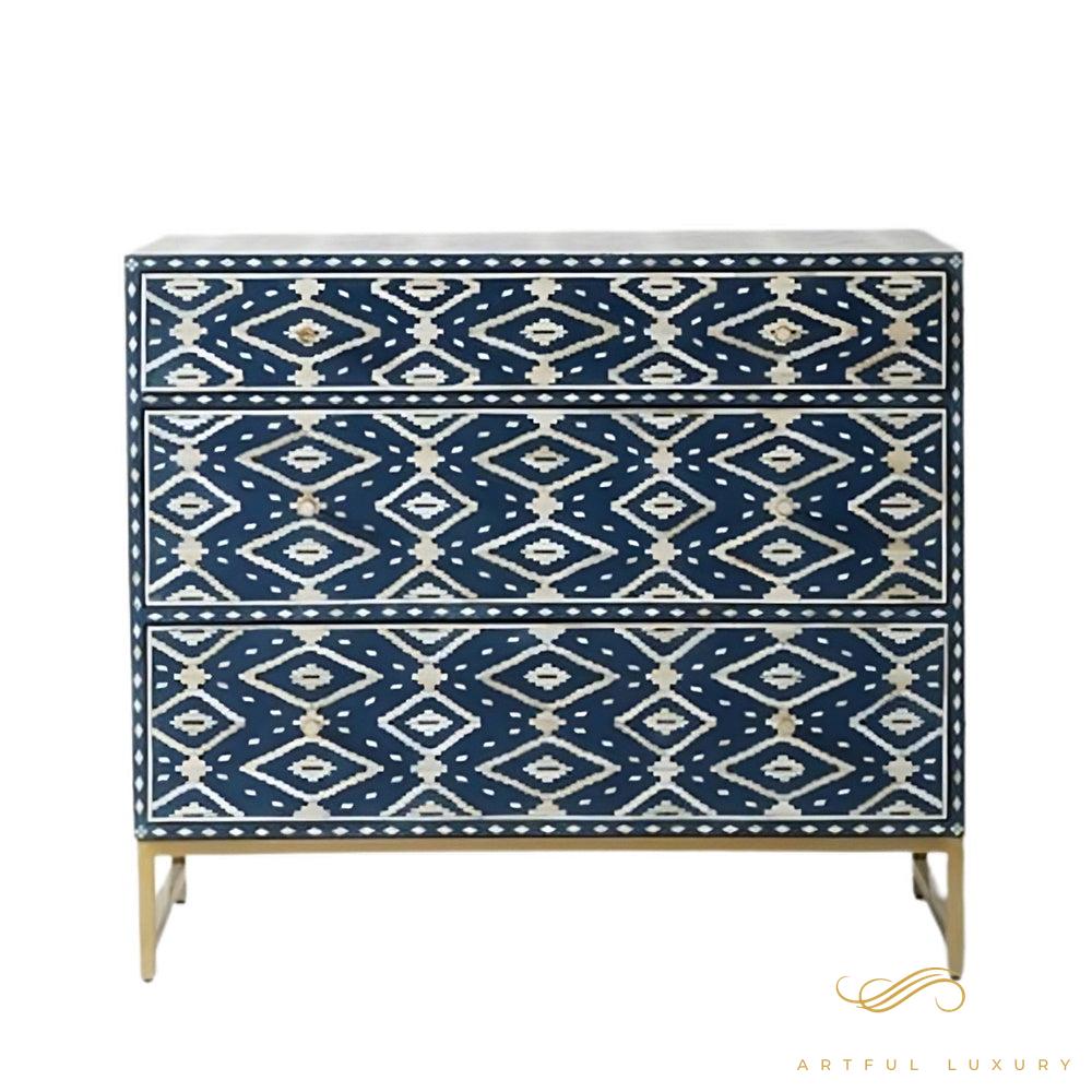Bone Inlay Ikat Three Drawer Dresser navy blue | Luxury Handmade Dresser