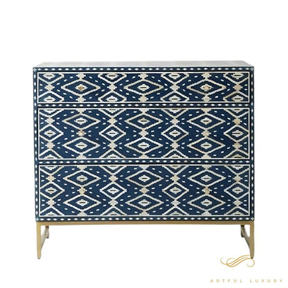 Bone Inlay Ikat Three Drawer Dresser navy blue | Luxury Handmade Dresser