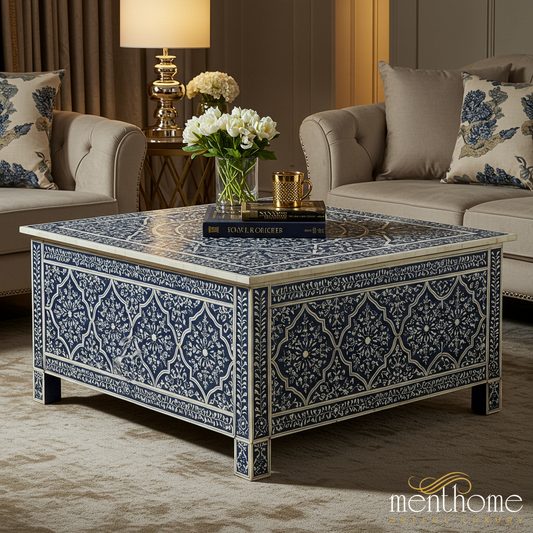 Handcrafted Blue and White Bone Inlay Coffee Table | Luxury Handmade Coffee Table