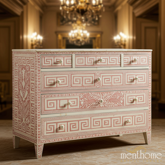 Vintage Greek Key Pattern Wooden Dresser | Luxury Handmade Chest of Drawer