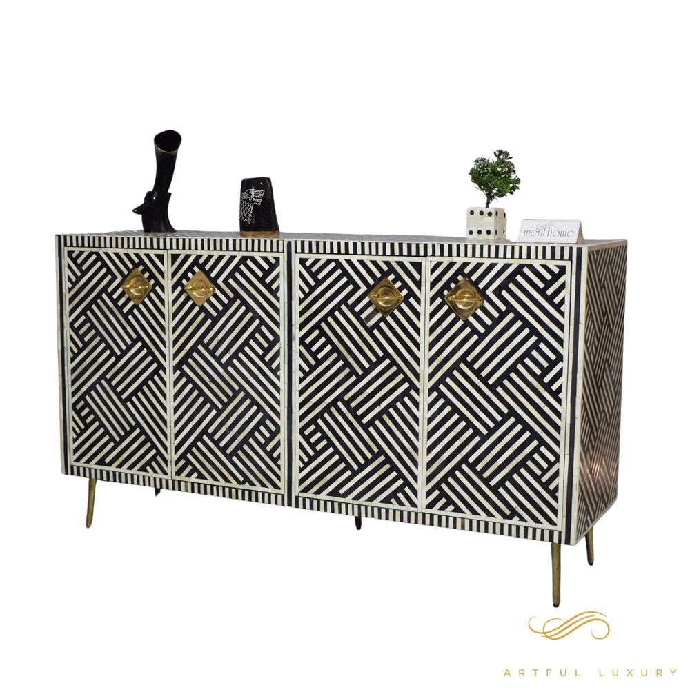 Black 4-Door Optical Pattern Bone Inlay Cabinet with Brass leg | Luxury Handmade Cabinet