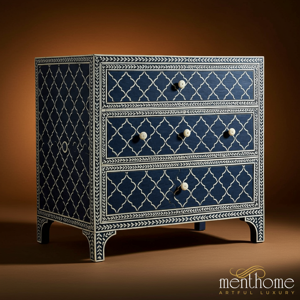Handcrafted Bone Inlay Blue Chest of Drawers | Luxury Handmade Chest of Drawer