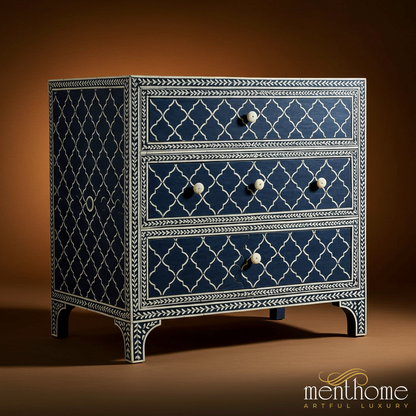 Handcrafted Bone Inlay Blue Chest of Drawers | Luxury Handmade Chest of Drawer
