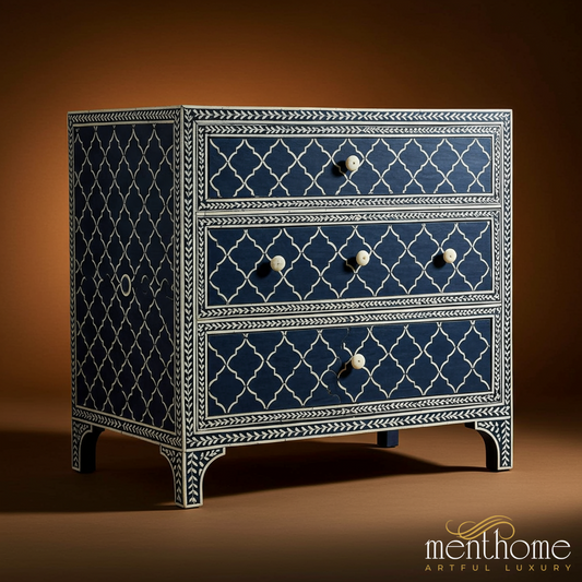 Handcrafted Bone Inlay Blue Chest of Drawers | Luxury Handmade Chest of Drawer