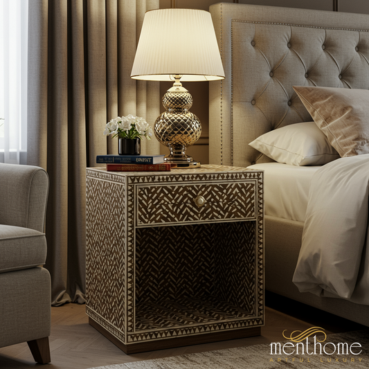 Handcrafted Bone Inlay Nightstand | Luxury Handmade Bedside Table