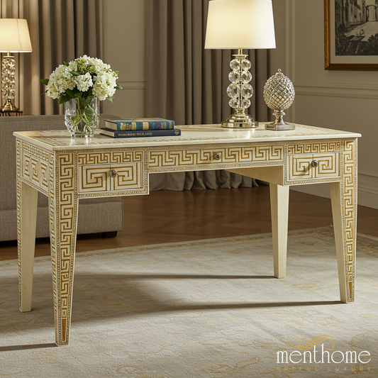 Classic Greek Key Design Wooden Desk | Luxury Handmade Desk