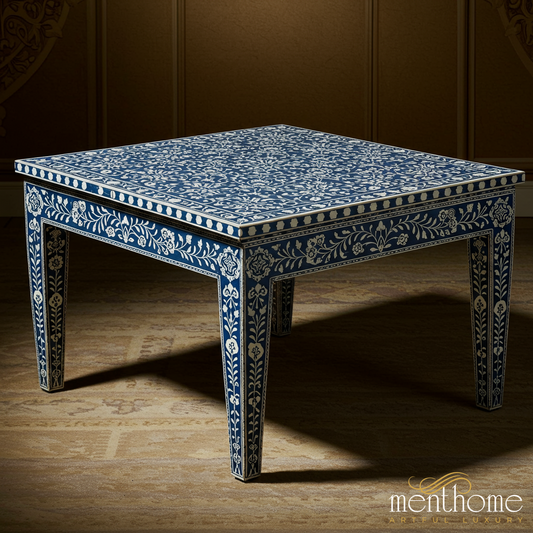 Handcrafted Blue and White Floral Inlaid Coffee Table | Luxury Handmade Coffee Table
