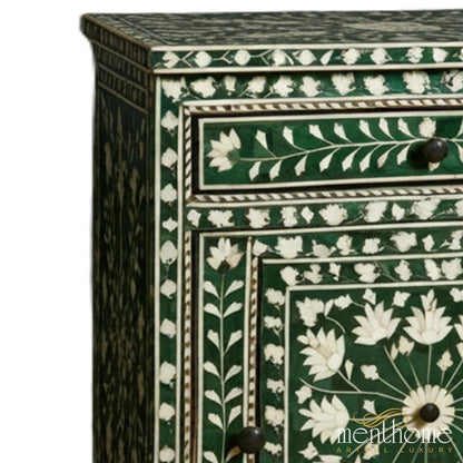 Handmade Bone Inlay Green Bedside Table with Two Drawers | Luxury Handmade Bedside Table