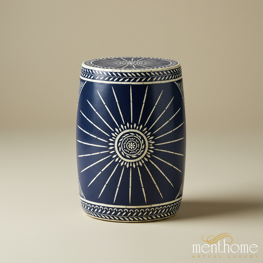 Navy Blue Ceramic Garden Stool with White Sunburst Design | Luxury Handmade Stool
