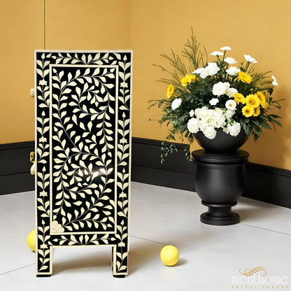 Floral Pattern Black Bedside Table - 1 Drawer and 2 Doors | Luxury Handmade Bedside Table