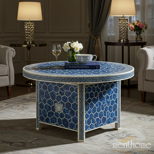 Handcrafted Blue Mosaic Round Coffee Table | Luxury Handmade Coffee Table