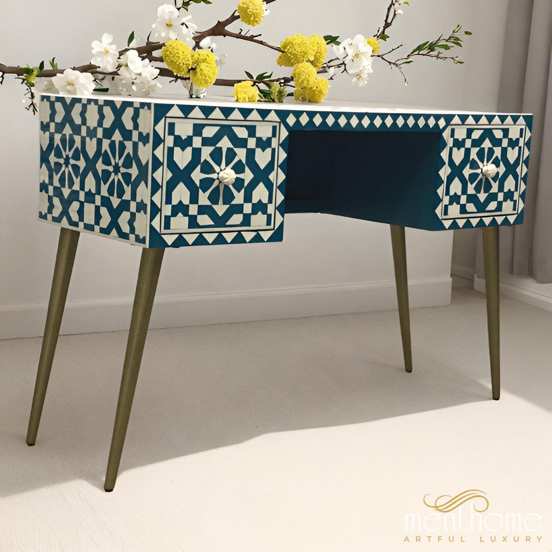 Moroccan Pattern 2-drawer Turquoise Resin Desk | Luxury Handmade Desk