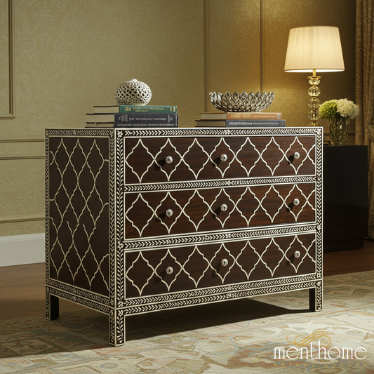 Intricately Designed Three-Drawer Wooden Dresser with Mother-of-Pearl Inlay | Luxury Handmade Chest of Drawer