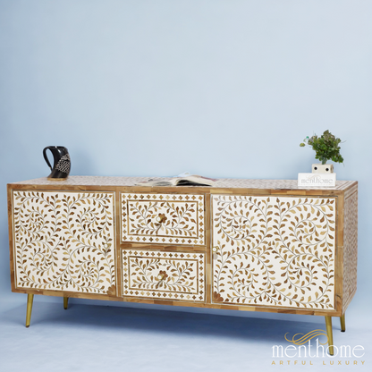 Floral wooden Inlay Entertainment cabinet | Luxury Handmade Cabinet