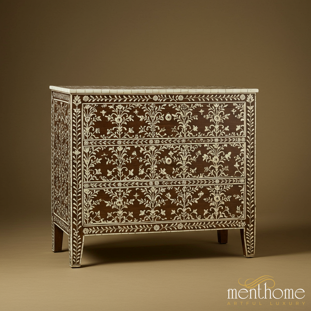 Handcrafted Floral Inlay Wooden Chest of Drawers | Luxury Handmade Chest of Drawer