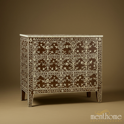 Handcrafted Floral Inlay Wooden Chest of Drawers | Luxury Handmade Chest of Drawer