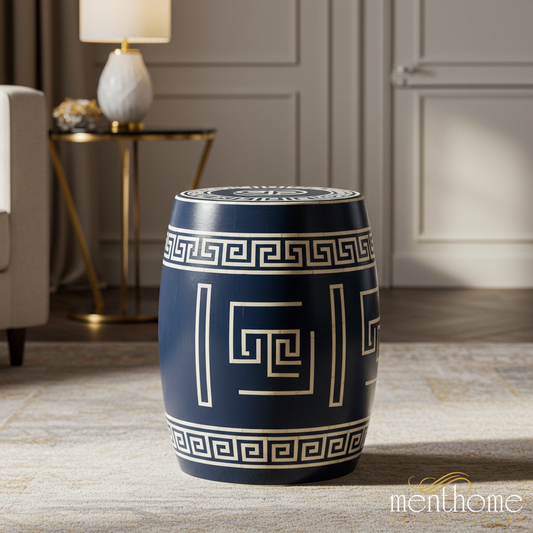 Blue Ceramic Garden Stool with Greek Key Pattern | Luxury Handmade Stool