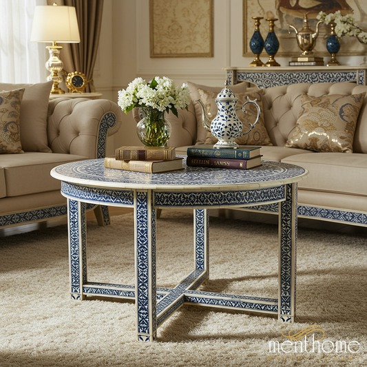 Elegant Blue and White Mosaic Coffee Table | Luxury Handmade Coffee Table