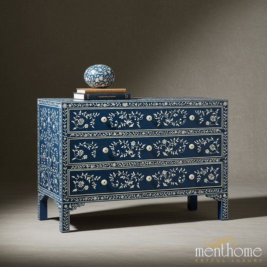 Blue Floral Hand-Painted Wooden Chest of Drawers | Luxury Handmade Chest of Drawer