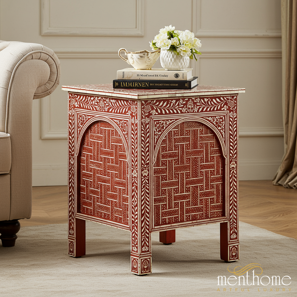 Elegant Red and Ivory Decorative Cabinet | Luxury Handmade Side Table