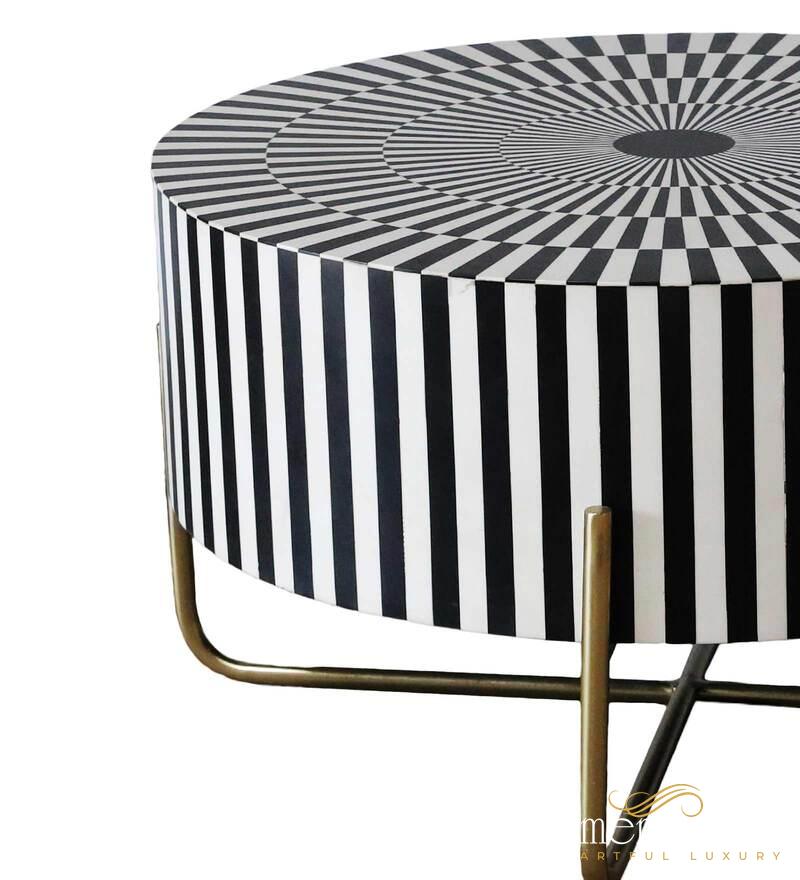 Zebra Line Bone Inlay Coffee Table In Black & White Color | Luxury Handmade Coffee Table