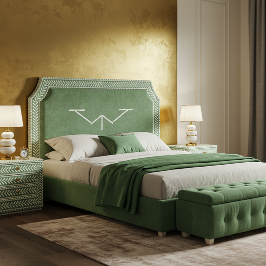 Luxury Green Upholstered Bed with Matching Bench and Nightstands