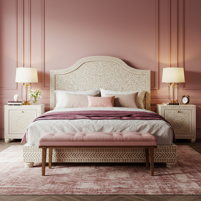 Luxury Artisan-Inlaid King Bed with Upholstered Bench and Nightstands