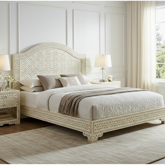 Elegant Hand-Carved Ivory Wood King Bed Frame
