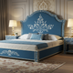 Luxury Blue Floral Embroidered Upholstered Bed