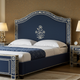 Luxury Navy Blue Upholstered Bed with Intricate Floral Inlay