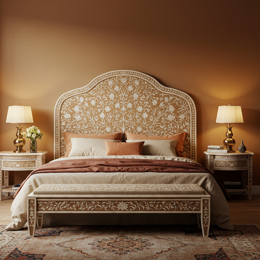 Handcrafted Floral Inlay King Bed with Bench and Nightstands