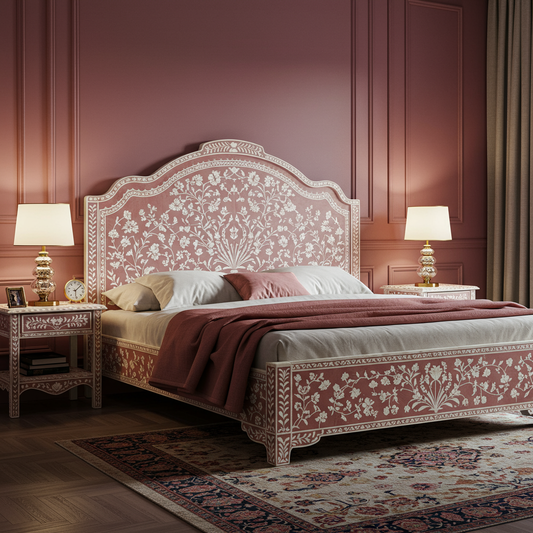 Handcrafted Floral Inlay King Size Bed with Matching Nightstands