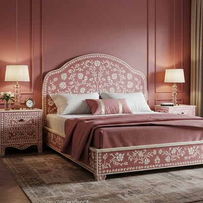 Handcrafted Floral Inlay King Bed with Matching Nightstands