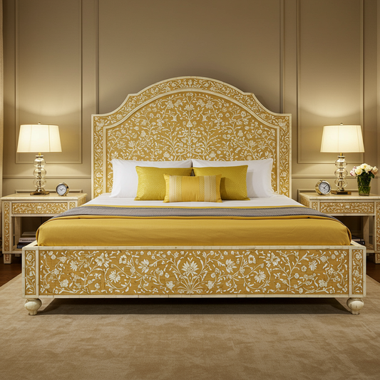 Handcrafted Floral Inlay King Bed with Matching Nightstands