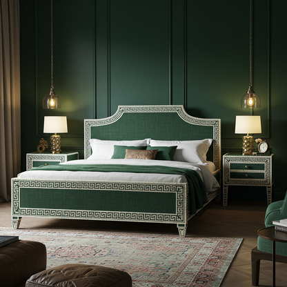 Luxurious Greek Key Upholstered King Bed with Matching Nightstands