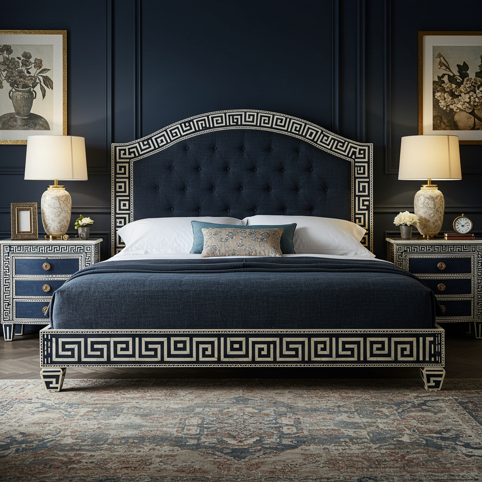 Luxury Blue Upholstered King Bed With Greek Key Design – Bo… – Menthome USA, image size:990x990