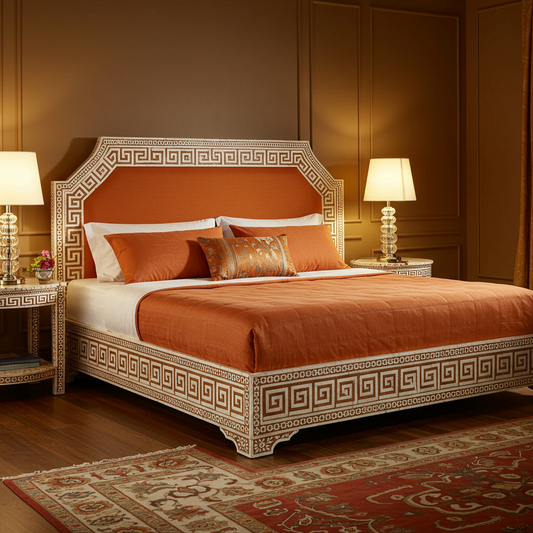 Luxury Greek Key Inlay King Bed with Upholstered Headboard