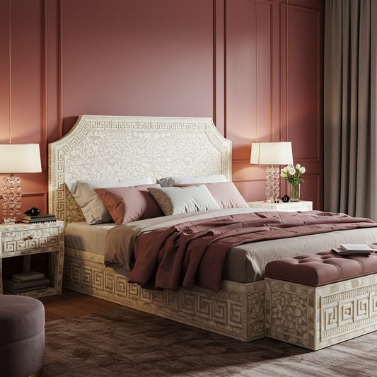 Elegant Carved Ivory Bed with Upholstered Bench