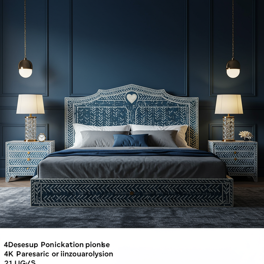 Blue and White Bohemian Hand-Painted King Bed with Nightstands