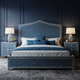 Elegant Blue Chevron Upholstered Bed Frame with Matching Nightstands