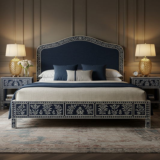 Luxury Navy Blue Carved Floral King Bed with Matching Nightstands