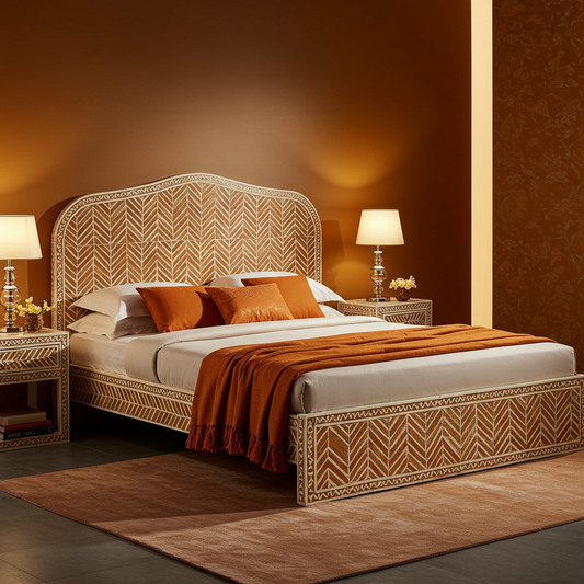 Luxury Handcrafted Bone Inlay King Bed with Side Tables