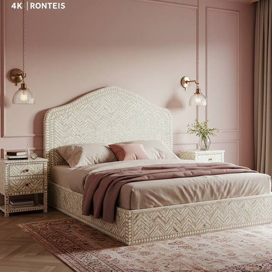 Luxury Patterned Upholstered Bed with Matching Nightstands