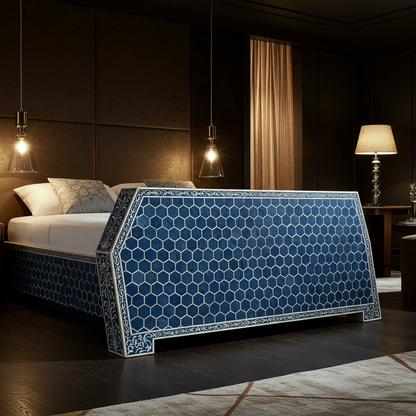 Luxury Blue Hexagonal Patterned Upholstered Bed Frame