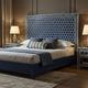 Luxury Navy Blue Geometric Patterned Bed with Matching Nightstands