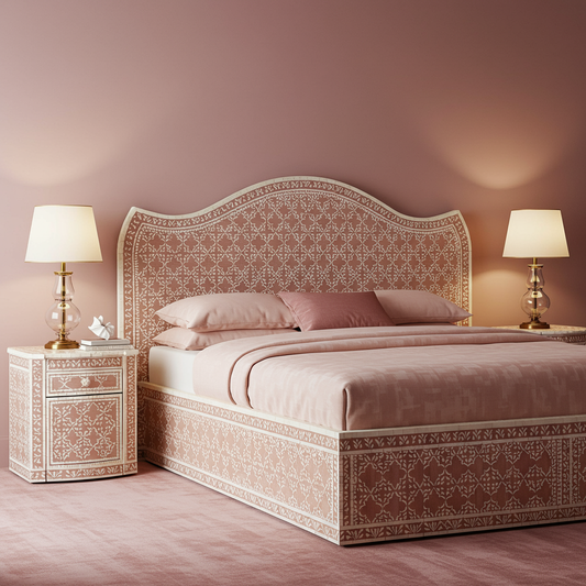 Elegant Handcrafted Inlay King Bed with Matching Nightstand
