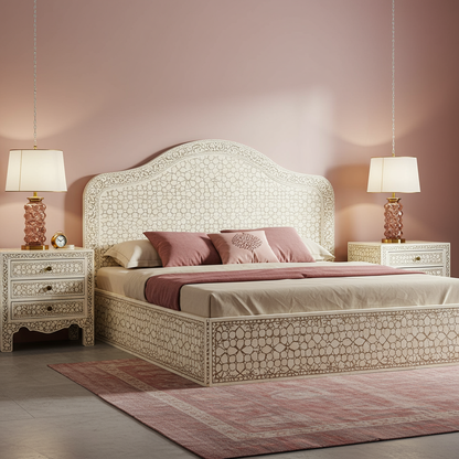 Luxury Bone Inlay King Bed with Matching Nightstands