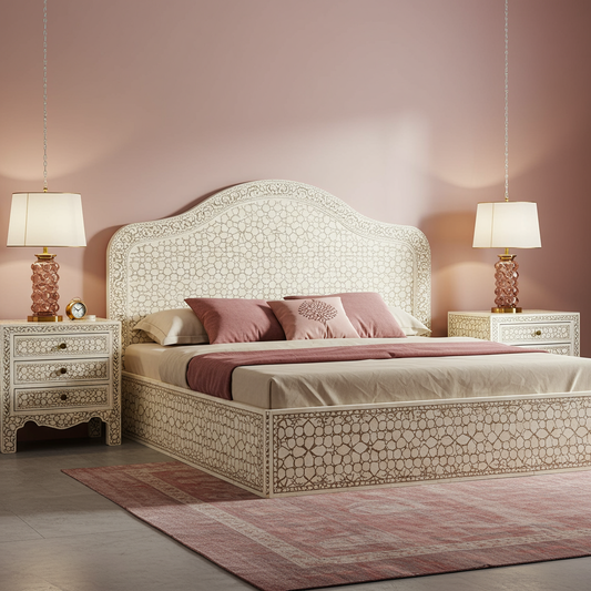 Luxury Bone Inlay King Bed with Matching Nightstands