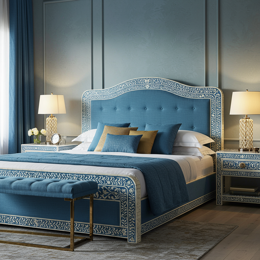 Luxury Blue Upholstered Bed with Intricate Bone Inlay Detailing