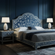 Luxury Handcrafted Blue Floral Inlay Bed Frame with Matching Nightstands